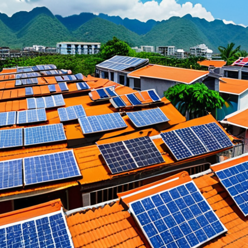 ** A bustling Da Nang neighborhood with solar panels on rooftops. Show families benefiting from solar energy and selling excess power back to the grid.

**