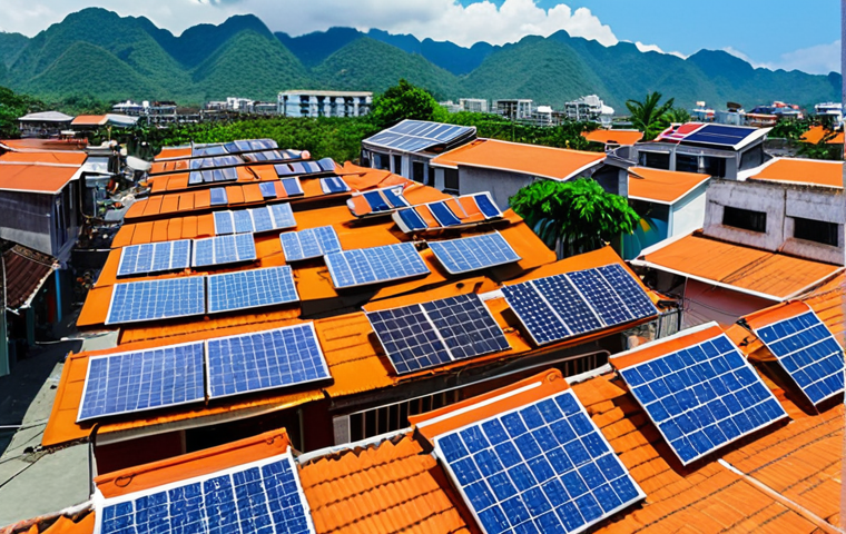** A bustling Da Nang neighborhood with solar panels on rooftops. Show families benefiting from solar energy and selling excess power back to the grid.

**