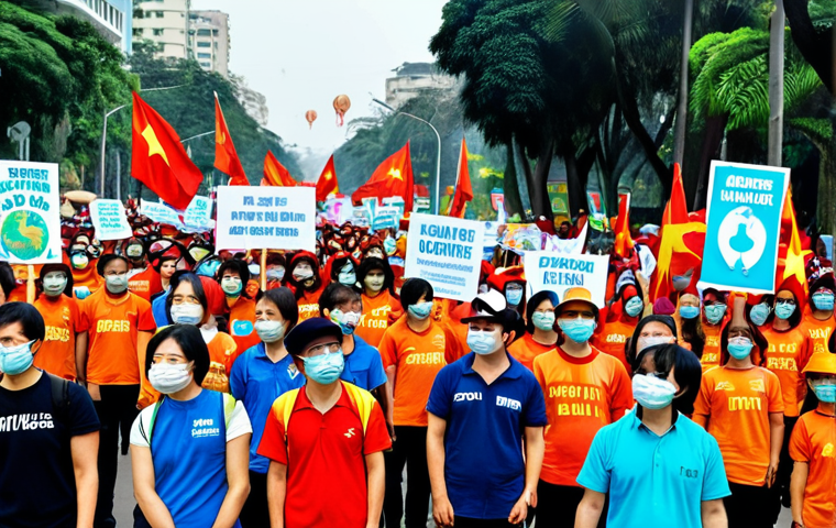 **A vibrant demonstration in Hanoi for climate action, featuring Vietnamese activists holding signs with #ClimateAction and #GoGreen hashtags, captured in a documentary style.** (This focuses on the social media aspect and community awareness).