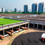 **Image Prompt 1: Vietnam's Innovative Circular Transformation**
    A vibrant, futuristic urban Vietnamese landscape featuring a blend of traditional and modern architecture. In the foreground, hands are actively transforming waste: plastic bottles are visibly spun into textile fibers, coffee grounds are being pressed into sleek building blocks, and agricultural waste forms an energy source, emitting clean light. Robotic arms efficiently sort materials in a clean, high-tech recycling facility. In the background, modern renewable energy infrastructure like wind turbines and solar panels seamlessly integrate with the city skyline, symbolizing Vietnam's technological leap and commitment to a circular economy and Net Zero future.