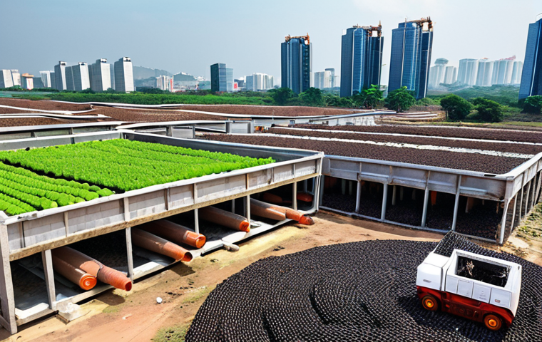 **Image Prompt 1: Vietnam's Innovative Circular Transformation**
    A vibrant, futuristic urban Vietnamese landscape featuring a blend of traditional and modern architecture. In the foreground, hands are actively transforming waste: plastic bottles are visibly spun into textile fibers, coffee grounds are being pressed into sleek building blocks, and agricultural waste forms an energy source, emitting clean light. Robotic arms efficiently sort materials in a clean, high-tech recycling facility. In the background, modern renewable energy infrastructure like wind turbines and solar panels seamlessly integrate with the city skyline, symbolizing Vietnam's technological leap and commitment to a circular economy and Net Zero future.