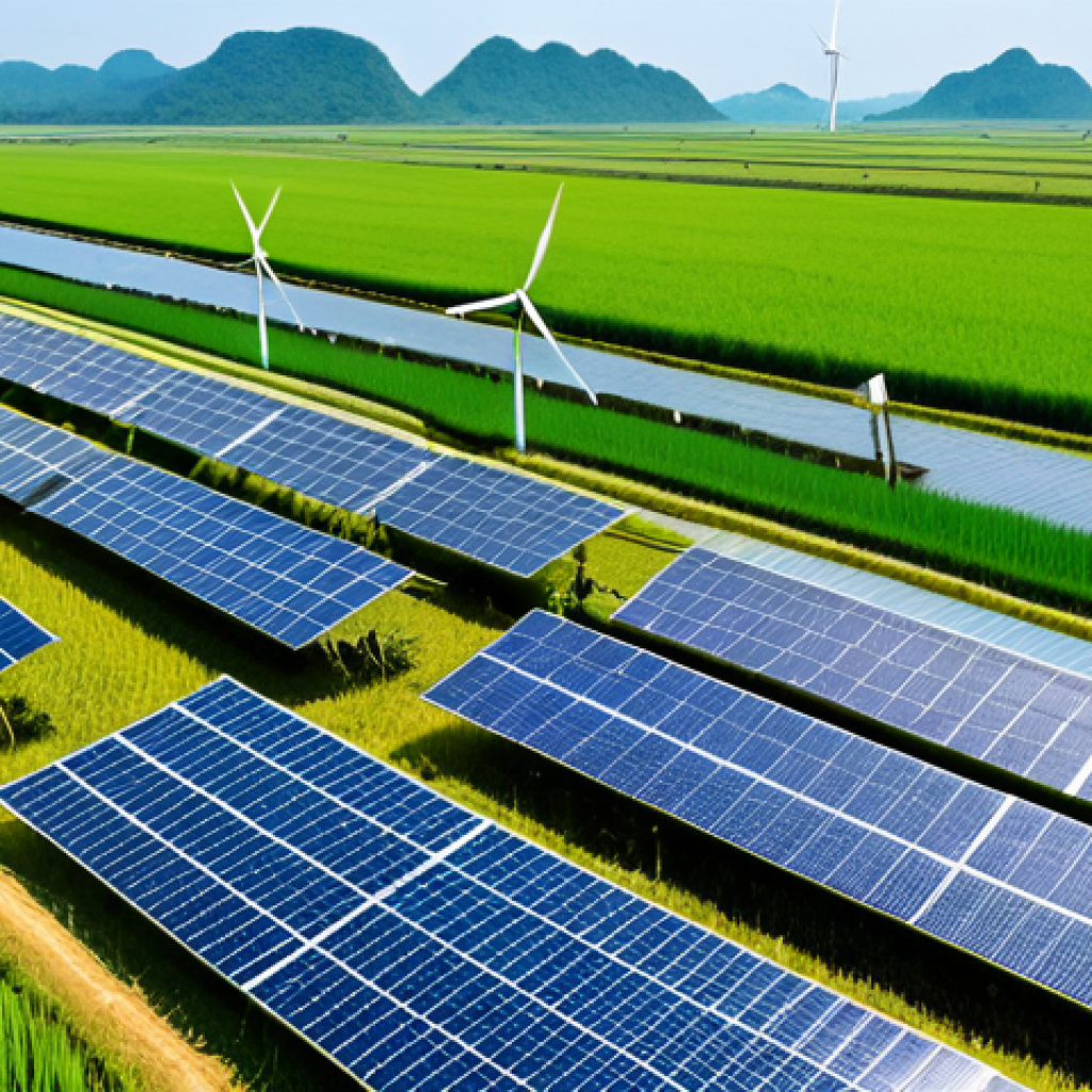 Renewable Energy in Vietnam**
"A vast rice paddy field in Vietnam, dotted with modern wind turbines and solar panels, fully clothed farmers tending to the crops, clear blue sky, professional photography, high resolution, perfect anatomy, correct proportions, natural pose, safe for work, appropriate content, fully clothed, family-friendly, showcasing sustainable agriculture and renewable energy sources in a harmonious landscape."
**