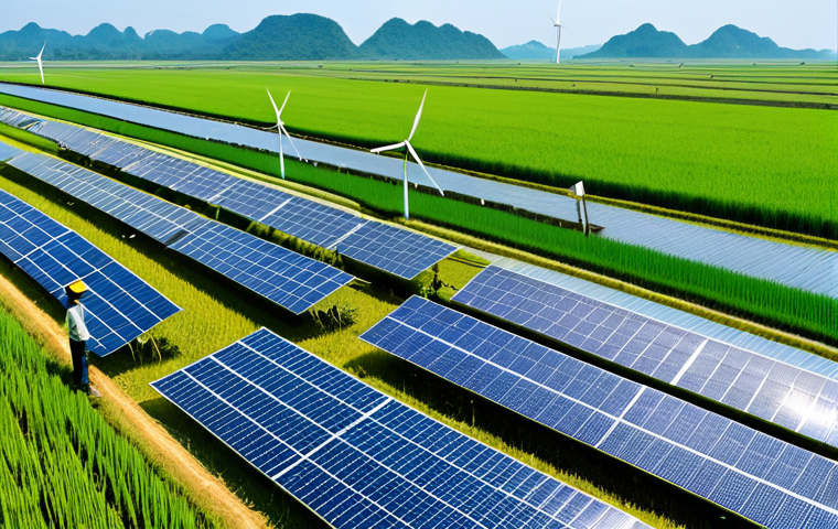 Renewable Energy in Vietnam**
"A vast rice paddy field in Vietnam, dotted with modern wind turbines and solar panels, fully clothed farmers tending to the crops, clear blue sky, professional photography, high resolution, perfect anatomy, correct proportions, natural pose, safe for work, appropriate content, fully clothed, family-friendly, showcasing sustainable agriculture and renewable energy sources in a harmonious landscape."
**