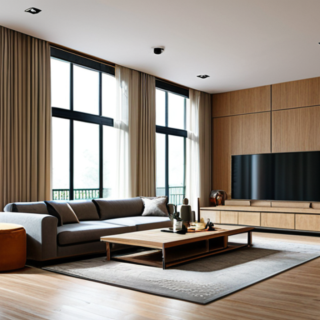 **
A modern Vietnamese home interior, bathed in natural sunlight, with large windows and light-colored curtains. Visible are smart LED lights, softly illuminating the space. The scene is safe for work, appropriate content, and family-friendly. Focus on perfect anatomy and natural proportions. The image depicts a professional, modest, and comfortable living space. Fully clothed individuals are enjoying the ambiance. High quality, professional photography style.
**