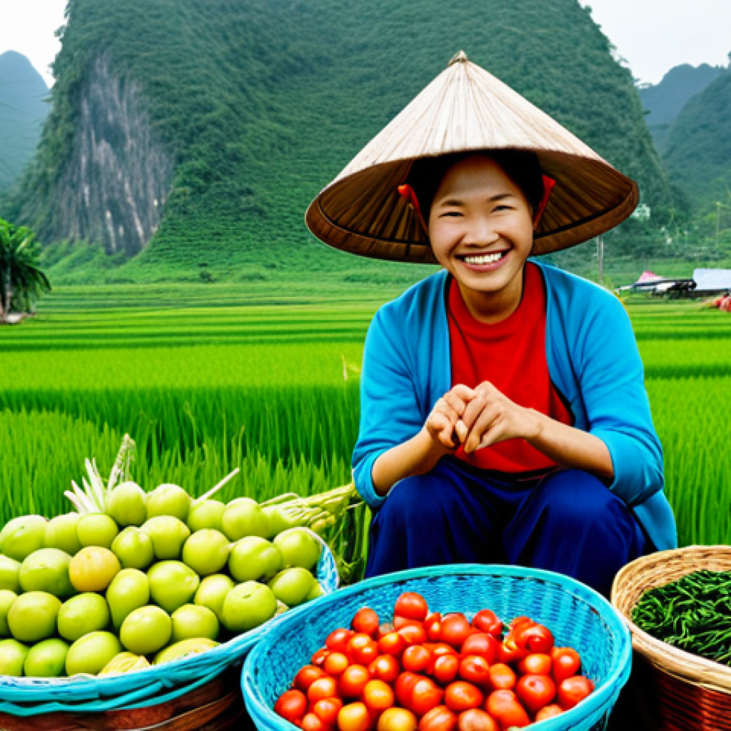 탄소중립을 위한 전통 음식의 중요성 - **Prompt:** A vibrant outdoor market scene in rural Vietnam. A smiling Vietnamese farmer, wearing a ...