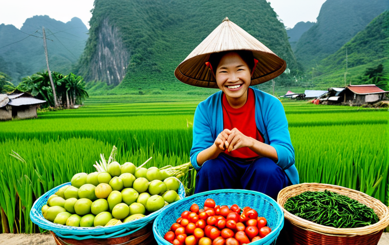 탄소중립을 위한 전통 음식의 중요성 - **Prompt:** A vibrant outdoor market scene in rural Vietnam. A smiling Vietnamese farmer, wearing a ...
