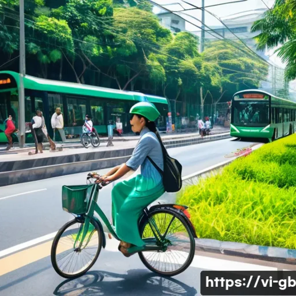 탄소중립 도시 만들기 위한 정책 - A vibrant urban scene in Ho Chi Minh City featuring a dedicated green bicycle lane alongside a busy ...