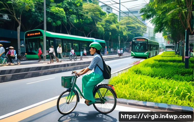 탄소중립 도시 만들기 위한 정책 - A vibrant urban scene in Ho Chi Minh City featuring a dedicated green bicycle lane alongside a busy ...