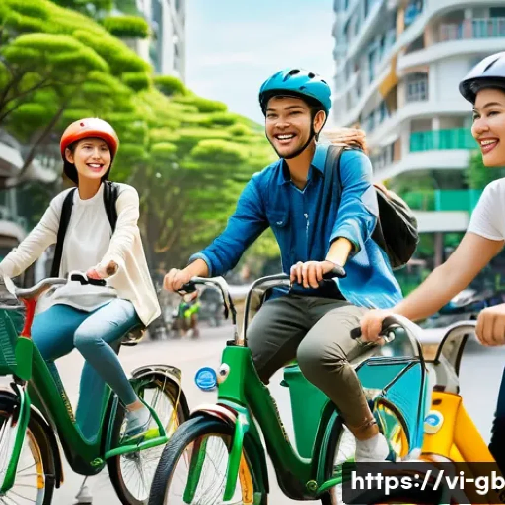 탄소중립 생활을 위한 자원 공유 플랫폼 - A vibrant Vietnamese urban neighborhood scene showcasing a community bike-sharing program in Da Nang...