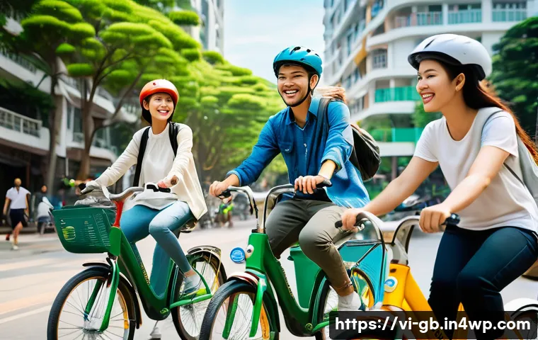 탄소중립 생활을 위한 자원 공유 플랫폼 - A vibrant Vietnamese urban neighborhood scene showcasing a community bike-sharing program in Da Nang...