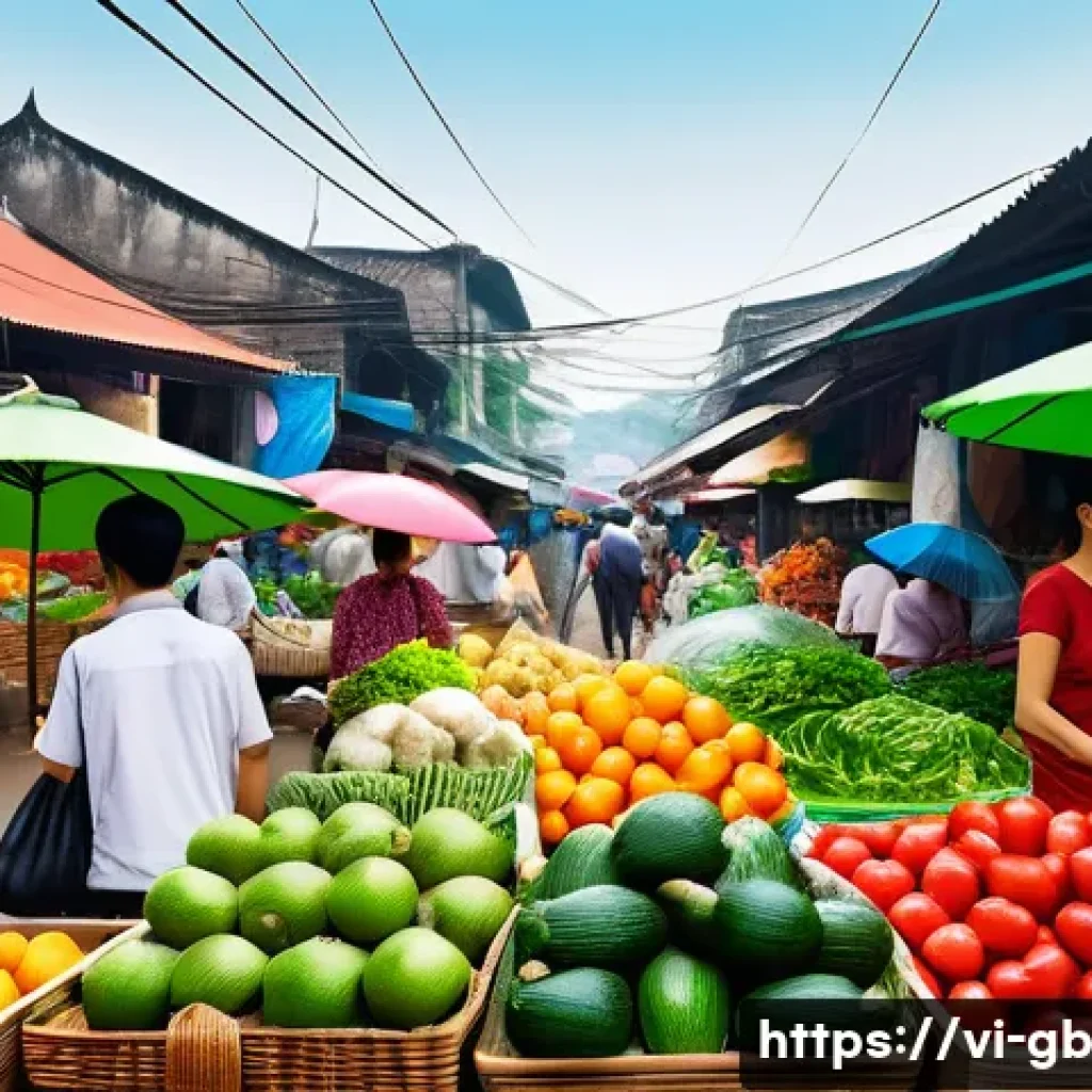 탄소중립을 위한 음식물 쓰레기 줄이기 - A vibrant local Vietnamese market scene bustling with people selecting fresh seasonal fruits and veg...