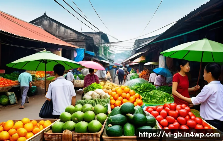 탄소중립을 위한 음식물 쓰레기 줄이기 - A vibrant local Vietnamese market scene bustling with people selecting fresh seasonal fruits and veg...