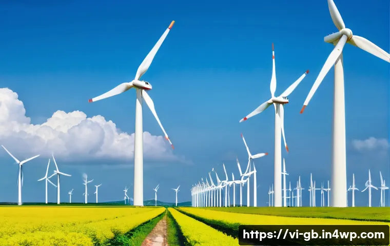 탄소중립을 위한 기후 변화 대응 전략 - A vibrant coastal wind farm in Bình Thuận, Vietnam, featuring rows of modern white wind turbines spi...
