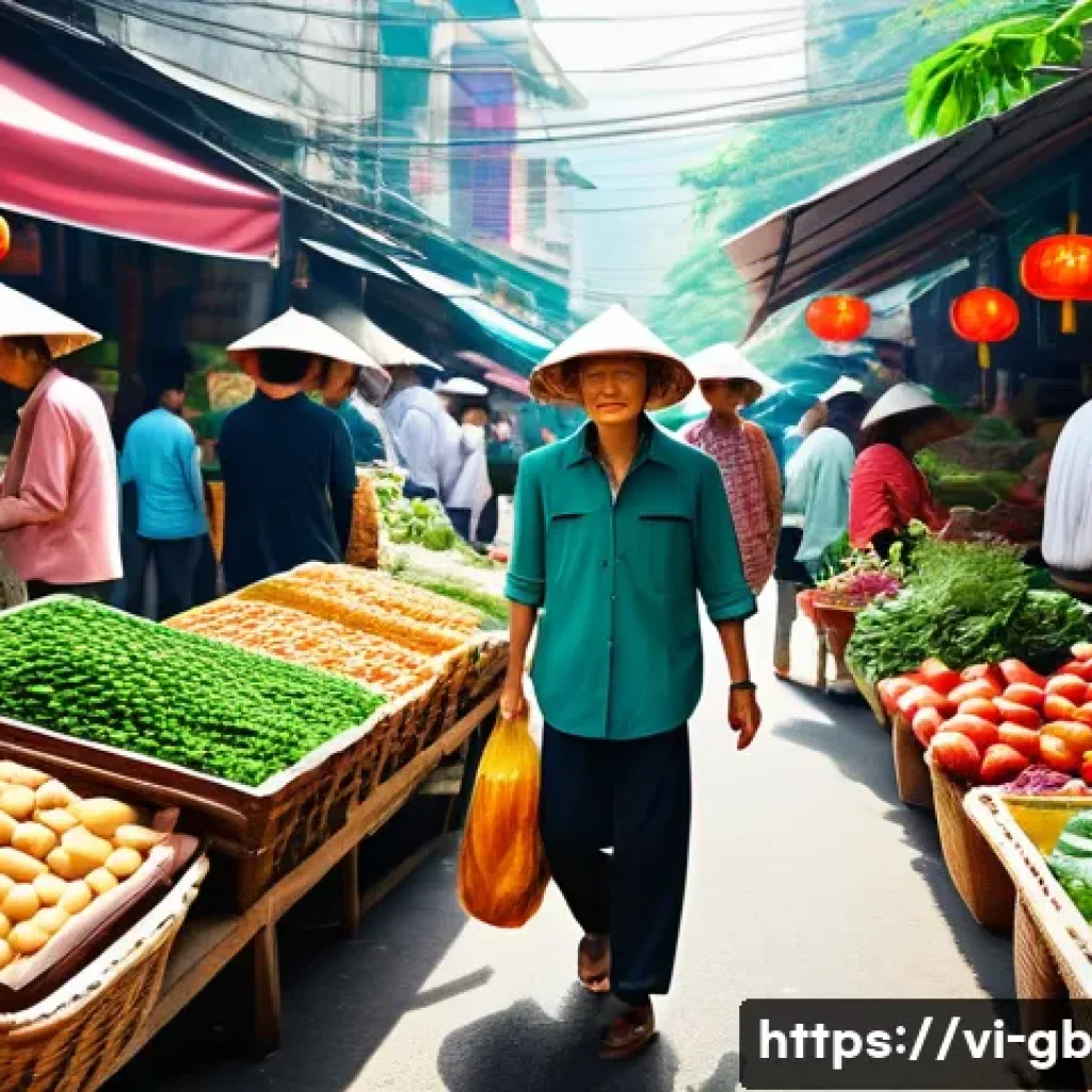 식물 기반 식단으로 탄소중립 실천하기 - A vibrant, detailed farmer’s market scene in Vietnam featuring fresh, colorful plant-based foods suc...