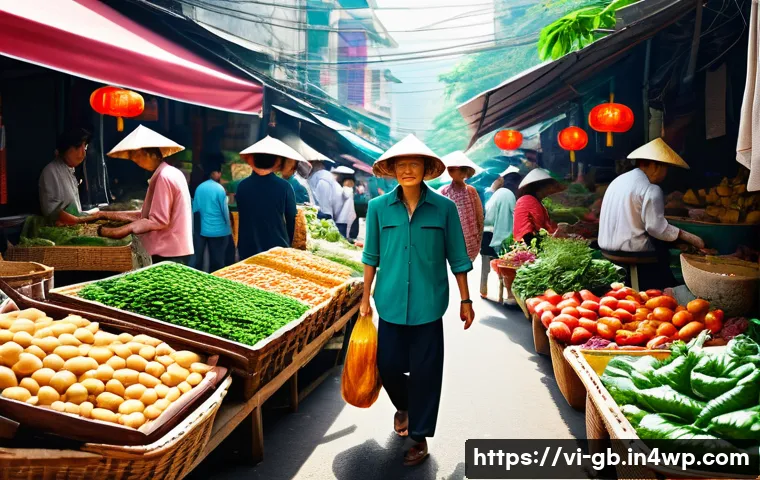 식물 기반 식단으로 탄소중립 실천하기 - A vibrant, detailed farmer’s market scene in Vietnam featuring fresh, colorful plant-based foods suc...