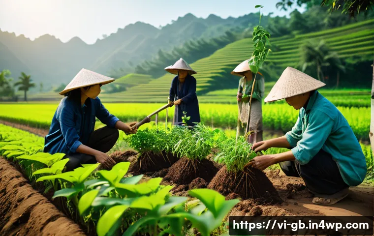 탄소중립을 위한 협동조합의 필요성 - A vibrant rural Vietnamese cooperative scene showing community members collaboratively planting nati...
