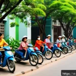 Home 21 탄소중립을 위한 공동체 프로젝트 사례 - A vibrant urban community garden scene in Hanoi featuring diverse groups of Vietnamese people of all...