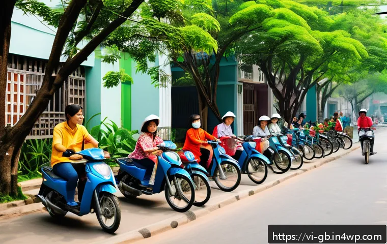 탄소중립을 위한 공동체 프로젝트 사례 - A vibrant urban community garden scene in Hanoi featuring diverse groups of Vietnamese people of all...