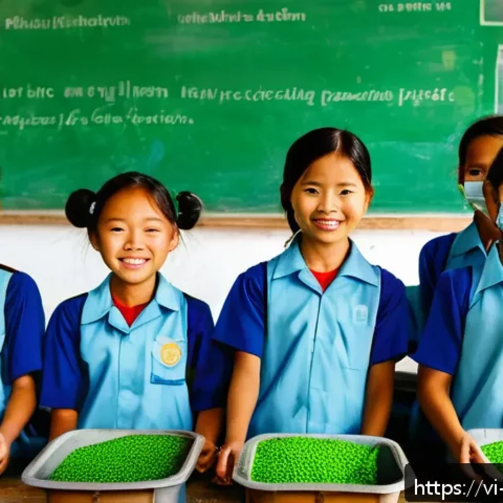 탄소중립을 위한 환경 교육의 필요성 - A vibrant Vietnamese rural classroom scene focused on environmental education: children aged 8-12 we...
