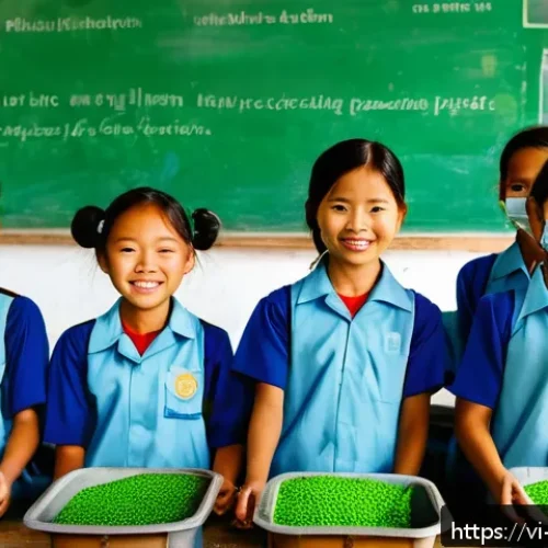 Home 32 탄소중립을 위한 환경 교육의 필요성 - A vibrant Vietnamese rural classroom scene focused on environmental education: children aged 8-12 we...