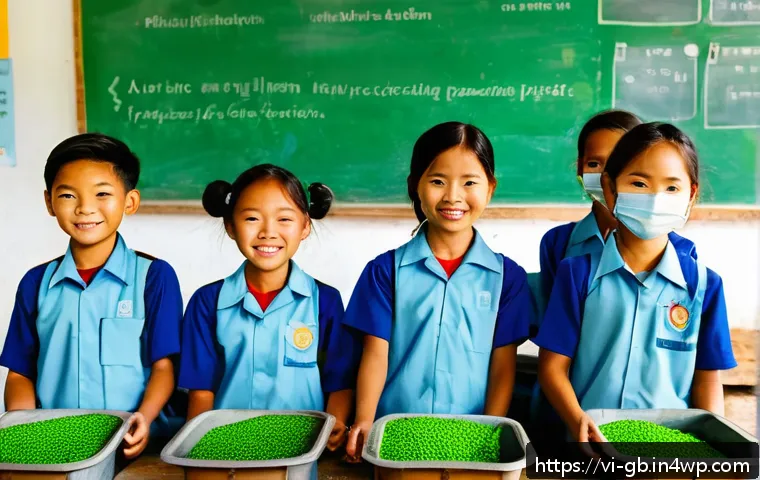 탄소중립을 위한 환경 교육의 필요성 - A vibrant Vietnamese rural classroom scene focused on environmental education: children aged 8-12 we...
