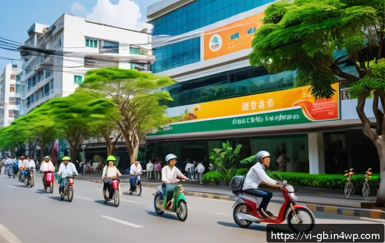 탄소중립을 위한 다가오는 기후 변화의 경고 - A vibrant Vietnamese urban street scene showing people using eco-friendly transportation: diverse ad...