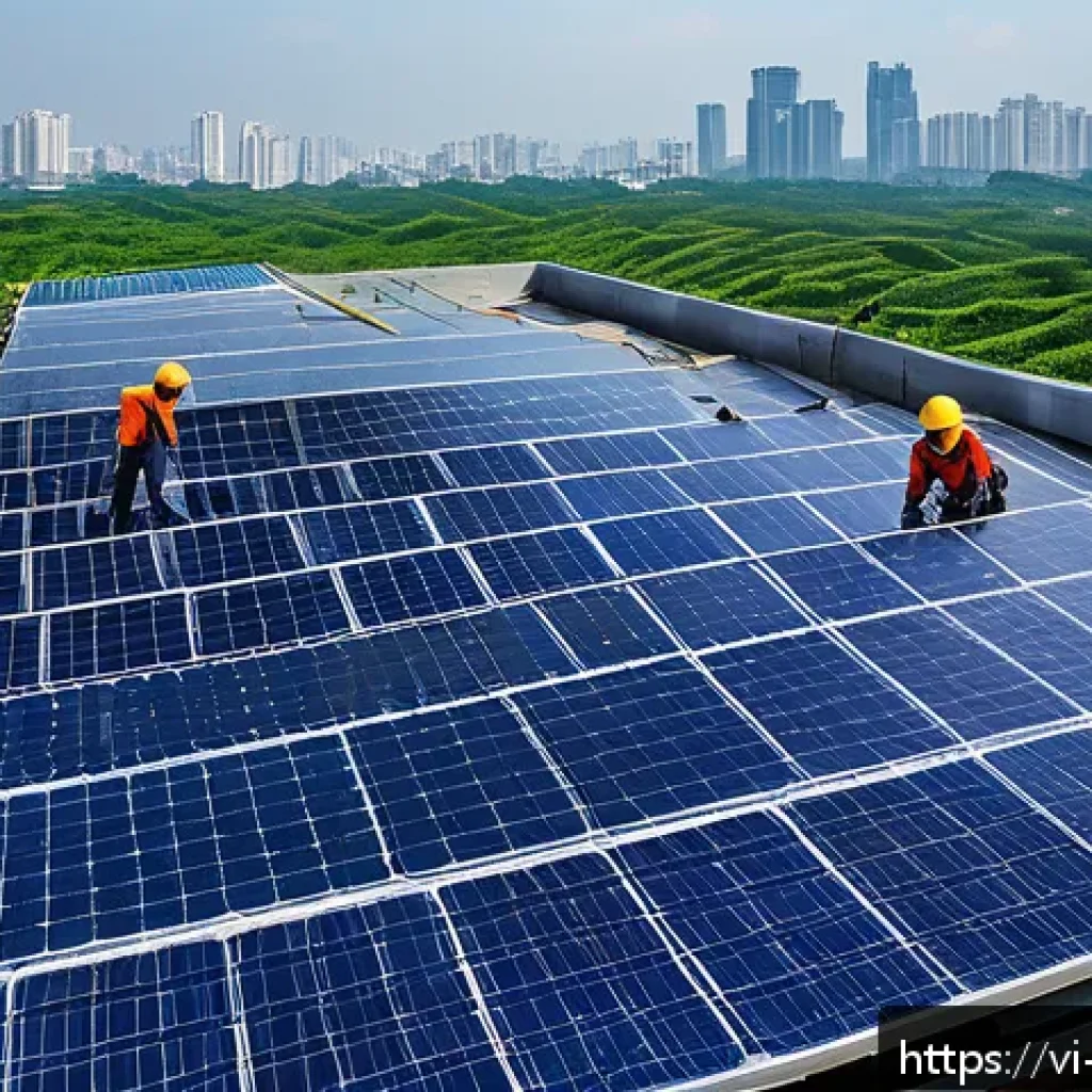 탄소중립을 위한 글로벌 기대와 요구 - A vibrant rooftop solar panel installation on a modern Vietnamese urban building under bright sunlig...