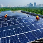 Home 18 탄소중립을 위한 글로벌 기대와 요구 - A vibrant rooftop solar panel installation on a modern Vietnamese urban building under bright sunlig...