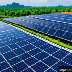 Home 23 탄소중립을 위한 민관 협력 사례 - A modern Vietnamese industrial factory rooftop covered with extensive solar panels under a bright bl...