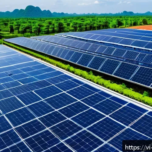 Home 17 탄소중립을 위한 민관 협력 사례 - A modern Vietnamese industrial factory rooftop covered with extensive solar panels under a bright bl...