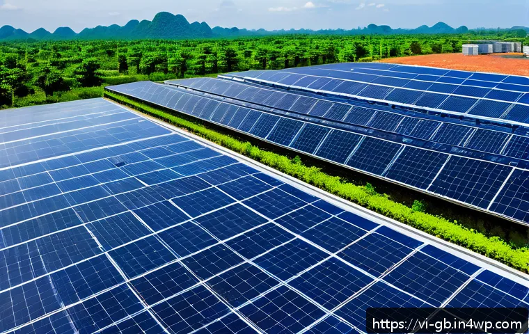 탄소중립을 위한 민관 협력 사례 - A modern Vietnamese industrial factory rooftop covered with extensive solar panels under a bright bl...