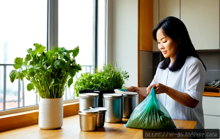 Home 17 탄소중립 라이프스타일을 위한 자원 관리 - Photorealistic morning in a modern Vietnamese apartment kitchen, a middle-aged Vietnamese woman care...